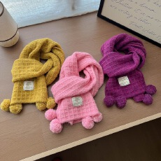 冬季挂球华夫格针织羊毛围巾纯色男女高级感学生加厚保暖毛球围脖