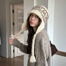 费尔岛复古针织毛线帽子女韩版秋冬季百搭保暖护耳帽大头围雷锋帽