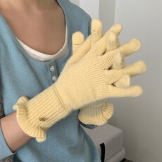 韩版含羊毛纯色针织木耳边手套保暖2025新款秋冬骑行漏洞指可触屏