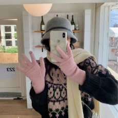 批发韩国加厚保暖手套五指半指触屏ins两件套双层针织防冻手