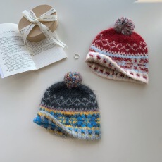 批发费尔岛提花毛球针织帽女秋<b class='q'>冬</b>季复古保暖护耳包头帽显脸小毛线帽子