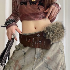 复古手工缝制纽扣皮毛一体宽版腰带女小众y2k辣妹风棕色腰封配饰