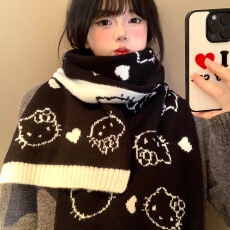 可爱kt图案双面针织围巾女秋冬季加厚保暖护颈围脖学生防寒百搭
