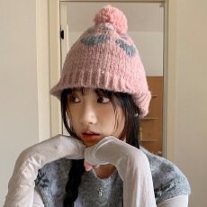 批发韩版甜美可爱提花爱心毛球针织帽子女秋<b class='q'>冬</b>季保暖护耳包头毛线冷帽