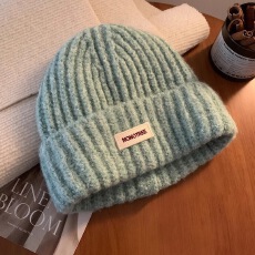 批发韩国蓝色针织毛线帽女秋<b class='q'>冬</b>季大头围百搭帽子显脸小护耳包头帽