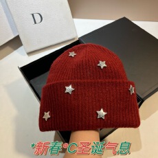 批发新年红色显肤白羊毛混纺针织帽秋<b class='q'>冬</b>保暖套头帽甜美星星min毛线帽