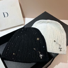 批发复古十字架别针针织帽秋<b class='q'>冬</b>季小香风亮片毛线帽户外时尚套头