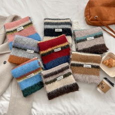 批发含羊毛围巾女圈圈纱新款韩版高级氛围感多巴胺条纹撞色围脖