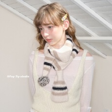 批发韩版拼色毛球针织条纹围巾帽子套装女秋冬保暖百搭时尚围脖针织帽