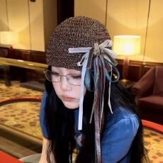 批发设计感细闪蝴蝶结丝带手工镂空包头帽女y2k辣妹冷帽时髦复古帽