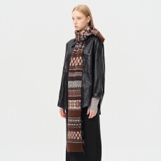 批发设计师款50%羊毛混纺费尔岛提花毛边针织围巾女冬季复古毛线围脖
