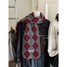 学院风菱形格波点围巾含羊毛围脖仿羊绒锁边撞色秋冬季保暖披肩女