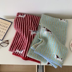 韩系可爱猫咪条纹撞色针织围巾女秋冬学生保暖百搭甜美毛线围脖