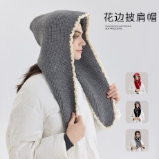 韩系柔软毛线针织帽保护耳不挑脸型连帽女秋冬季系带休闲披肩帽