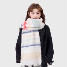 韩系氛围感条纹彩色马海毛围巾女秋冬季新款拼色百搭防寒保暖围巾