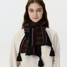 设计师款复古羊毛混纺费尔岛针织围巾男女秋冬挂须保暖毛线围脖