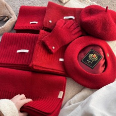 新年红色小幸运红色系帽子纯羊毛围巾手套抗寒户外保暖围脖