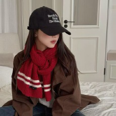 复古条纹新年红色围巾女圣诞秋冬保暖针织毛线氛围感百搭情侣围脖