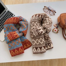 费尔岛混色围巾女秋冬季编织氛围感秋冬针织围脖保暖加厚凹造型