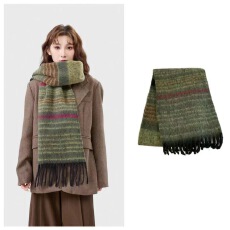 韩系氛围感条纹彩色马海毛围巾女秋冬季新款拼色百搭防寒保暖围巾