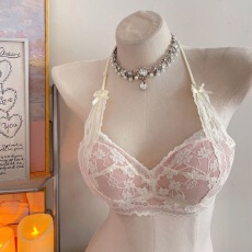 性感纯欲挂脖蕾丝内衣女小胸聚拢显大无钢圈收副乳文胸套装