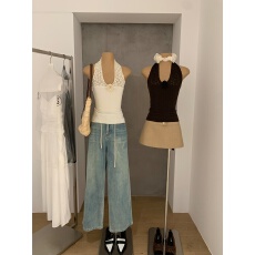 批发夏季新款纯欲风蕾丝拼接挂脖吊带衫修身抹胸钉花背心<b class='q'>上衣</b>