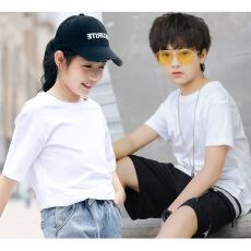 批发男女童短袖t恤纯白色圆领上衣纯棉童装黑色裤子<b class='q'>儿童</b>套装手绘班服