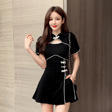 批发150cm小个子改良版旗袍女夏年轻款<b class='q'>高端</b>显高显瘦修身拼色a字<b class='q'>连衣裙</b>