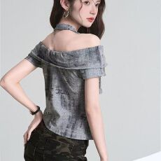 批发复古扎染<b class='q'>一字肩</b>短袖T恤女夏季新款辣妹设计感不规则时尚露肩上衣