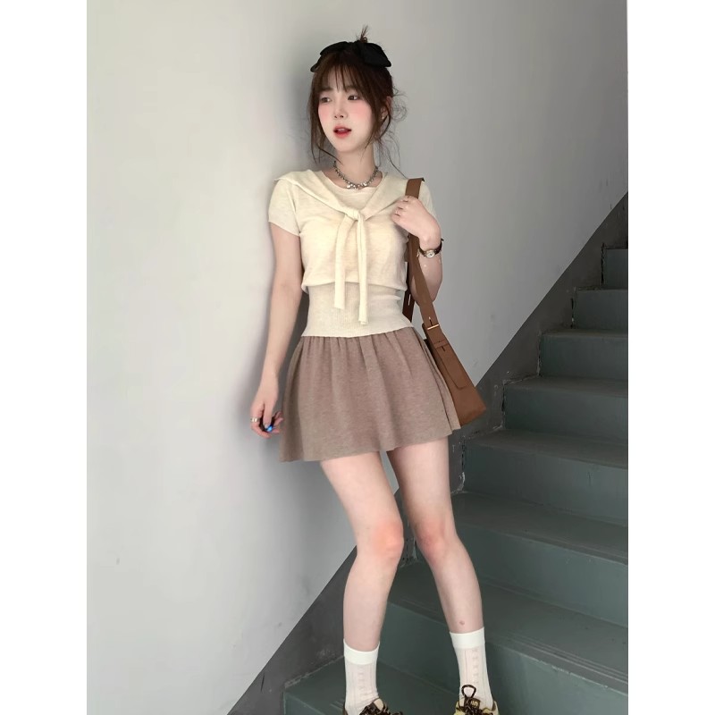 한 부서 부드러운 센스 가짜 두 조각 목도리 짧은 소매 정장 여자 허리 슬림 뜨개질 맨위 치마 2 피스 세트