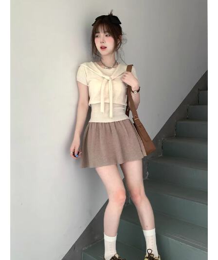 한 부서 부드러운 센스 가짜 두 조각 목도리 짧은 소매 정장 여자 허리 슬림 뜨개질 맨위 치마 2 피스 세트
