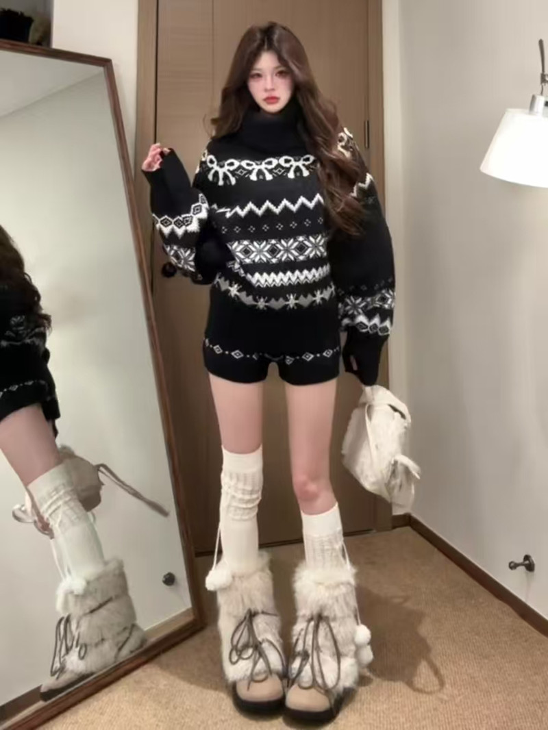 공정한 섬 터틀넥 스웨터 여자 가을 겨울 새로운 레트로 니트 맨위 슬림해 보이는 한 부서 분위기 센스 반바지 투피스 세트