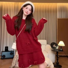 批发圣诞穿搭蝴蝶结针织红色<b class='q'>套装</b>女新款秋冬显瘦新年战袍短裙两件套