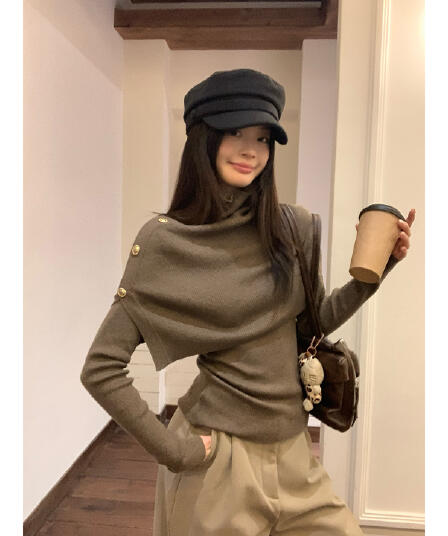 터틀넥 블라우스 여성 의류 새로운 디자인 센스 한 부서 부드러운 찹쌀 긴팔 허리 수축 몸매 가꾸기 니트 스웨터 맨위 투피스 세트
