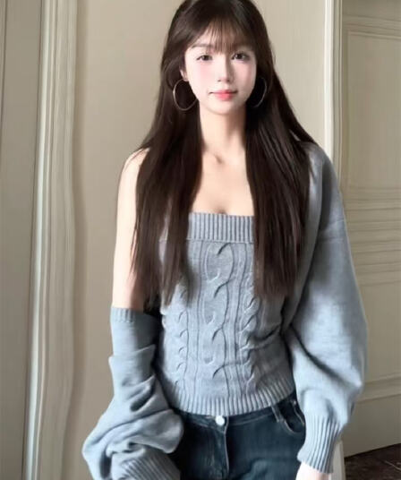 회색 니트 오픈 가디건 여성 새로운 꽈배기 품격 순수한 욕망 슬림해 보이는 한 부서 부드러운 찹쌀 다용도 몸매 가꾸기 슬립 투피스 세트
