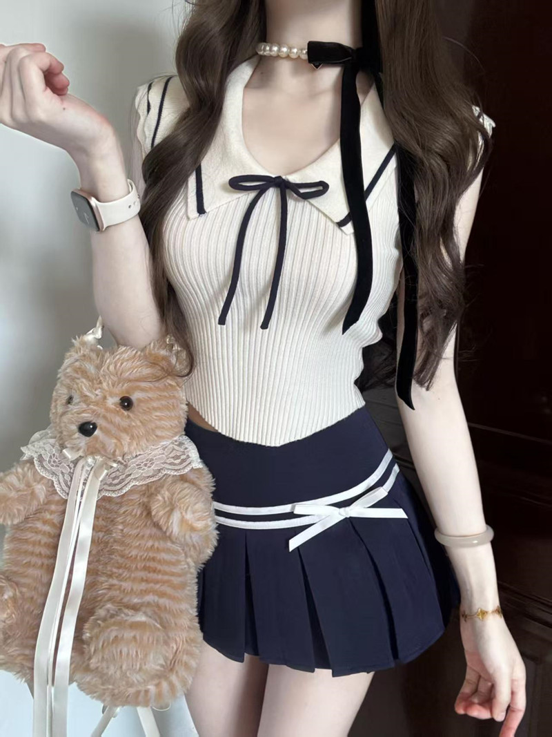 순수한 욕망 핫걸 작은 날다 소매 짠 셔츠 세트 여성 여름 새로운 슬림해 보이는 학원 스타일 플리츠 반신 스커트 투피스 세트