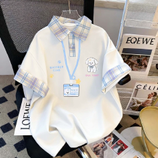 批发印花 19支220克纯棉拼接翻领纽扣学生短袖<b class='q'>t</b><b class='q'>恤</b>