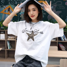 批发字母印花 豹纹贴布刺绣 烫钻 螺纹领 19支220克纯棉短袖<b class='q'>t</b><b class='q'>恤</b>