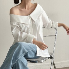 批发chic韩国小众设计感一字领吊带露肩气质<b class='q'>大</b>领口两面穿长袖<b class='q'>衬衫</b>上衣