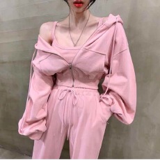 批发2025韩女装网红秋款纯色时尚连帽卫衣+长裤+吊带<b class='q'>三件套</b>七色可选女