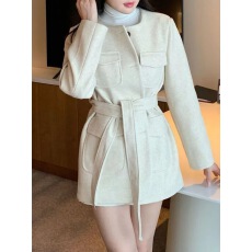 批发chic 韩版<b class='q'>冬</b>季时尚复古口袋圆领单排扣系带收腰毛呢子大衣外套
