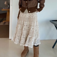 批发韩版重工蕾丝钩花镂空半身裙女春<b class='q'>夏</b>新款复古民族风高腰A字长裙