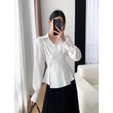 批发新款韩国chic早春优雅气质翻领收腰设计纯色长袖<b class='q'>衬衫</b>2色