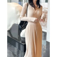 批发韩版  轻熟风气质翻领针织舒适柔软收腰显瘦褶皱大摆<b class='q'>连衣裙</b>