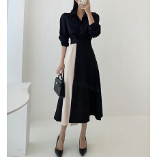 批发韩国chic 秋季法式轻奢时尚气质小众拼色收腰显瘦<b class='q'>衬衫</b>连衣裙