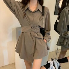 批发原韩版收腰长袖衬衫连衣<b class='q'>裙</b>➕短裤两件套