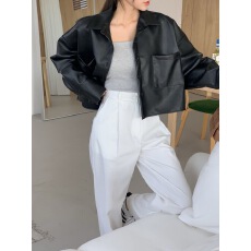 批发已出chic 韩国春秋时尚简约口袋单排扣短款休闲<b class='q'>衬衫</b>皮衣外套