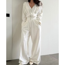 批发韩版秋冬休闲<b class='q'>运动套装</b>木耳花边加厚款纯棉阔腿裤时尚洋气两件套