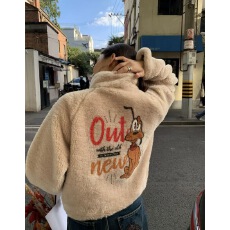 韩版新款立领保暖羊羔毛毛加棉外套后背印花上衣外套女