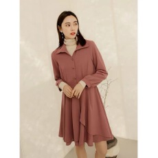 批发新款韩版优雅纯色衬衫领高腰不规则<b class='q'>连衣裙</b>